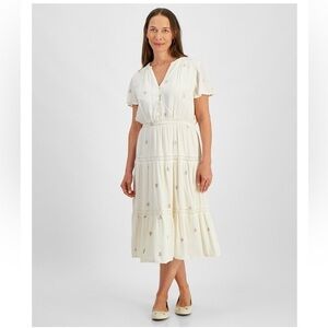 Style & Co Tulip v-neck lace trim tier a-line midi dress embroidered medium NEW